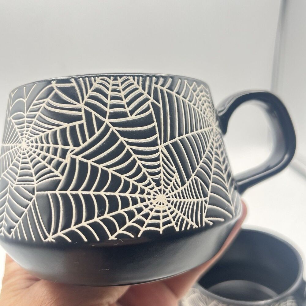 COCO + LOLA Halloween Spiderweb Set of 3 Coffee Mugs Black Cups Mug - Picture 7 of 13